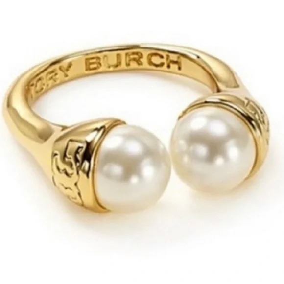 🆕 Tory Burch Authentic Gold Pearl Bud Logo Ring Size 7 - Picture 8 of 16